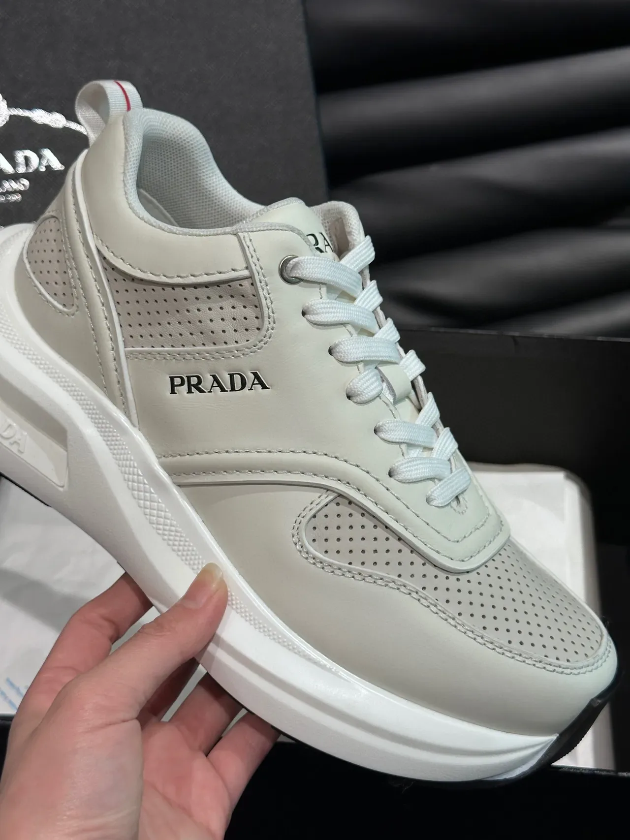 Prada White Red Perforated Toe Panel Layered Synthetic Upper Lifestyle Sneakers 8