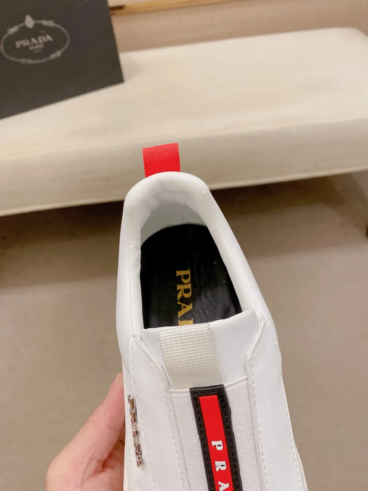 Prada White Red Slip-On Leather Upper Lifestyle Sneakers 3