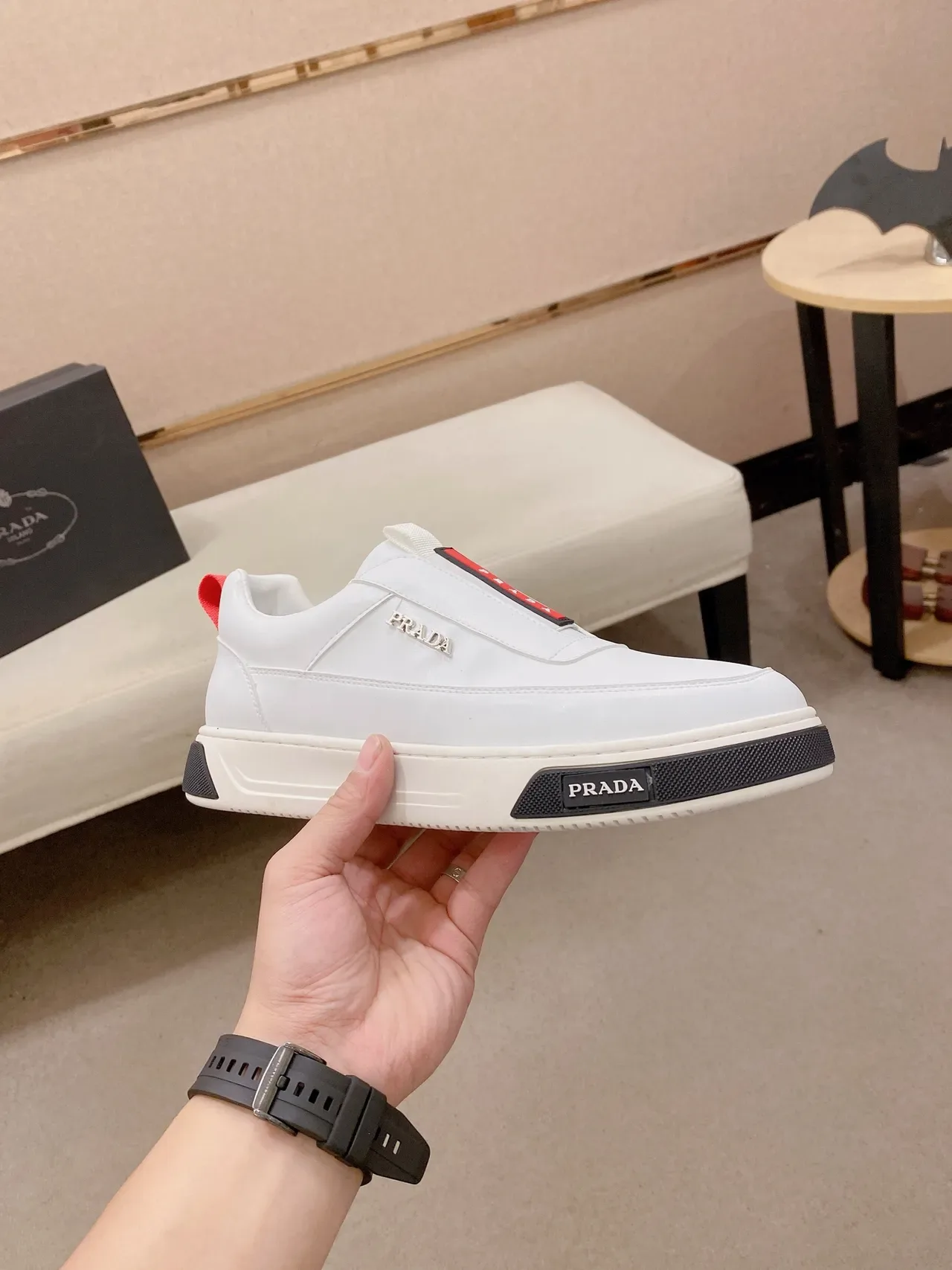 Prada White Red Slip-On Leather Upper Lifestyle Sneakers 4