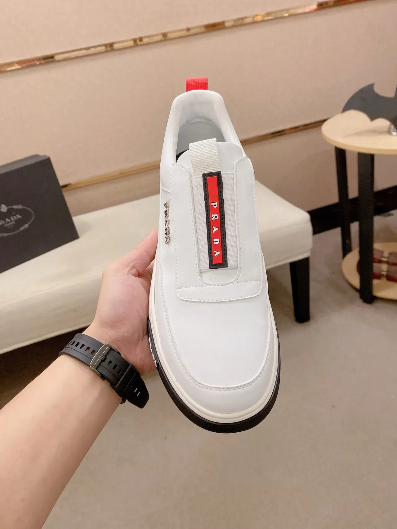 Prada White Red Slip-On Leather Upper Lifestyle Sneakers 5
