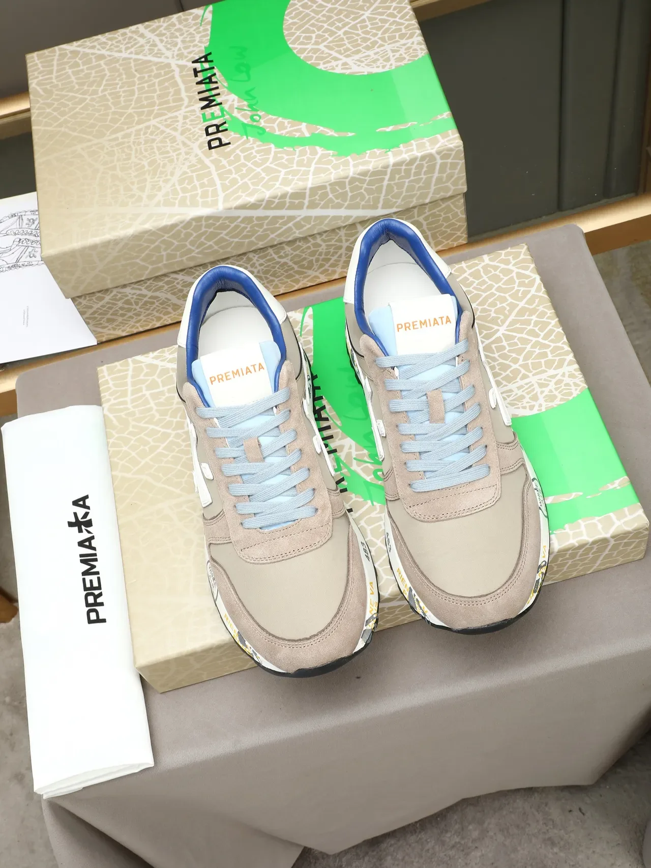 Premiata Beige Blue Retro Runner Silhouette Suede And Textile Upper Sneakers 2