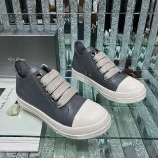 Rick Owens Gray White Laceless Elastic Strap Closure Two-Tone Leather Upper Lifestyle Sneakers