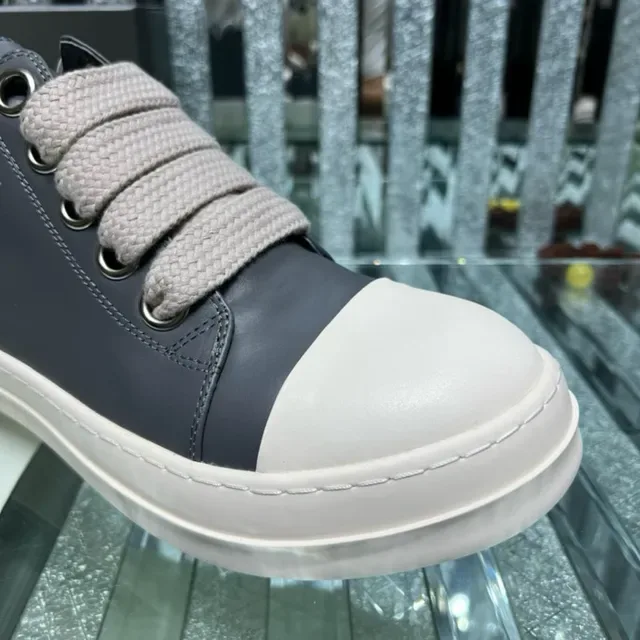 Rick Owens Gray White Laceless Elastic Strap Closure Two-Tone Leather Upper Lifestyle Sneakers 2