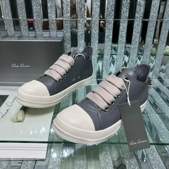 Rick Owens Gray White Laceless Elastic Strap Closure Two-Tone Leather Upper Lifestyle Sneakers 3