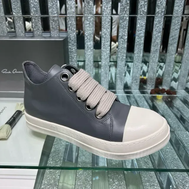 Rick Owens Gray White Laceless Elastic Strap Closure Two-Tone Leather Upper Lifestyle Sneakers 4
