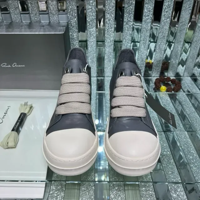 Rick Owens Gray White Laceless Elastic Strap Closure Two-Tone Leather Upper Lifestyle Sneakers 5