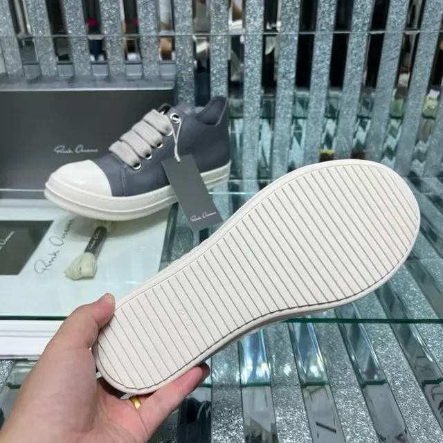 Rick Owens Gray White Laceless Elastic Strap Closure Two-Tone Leather Upper Lifestyle Sneakers 8
