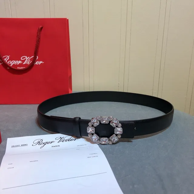 Ceinture Roger Vivier ornée de cristaux boucle ovale sangle noire et argentée lisse en cuir 4