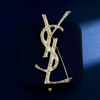 Saint Laurent Bamboo YSL Monogram Silver Navy Sculpted Metal Brooch