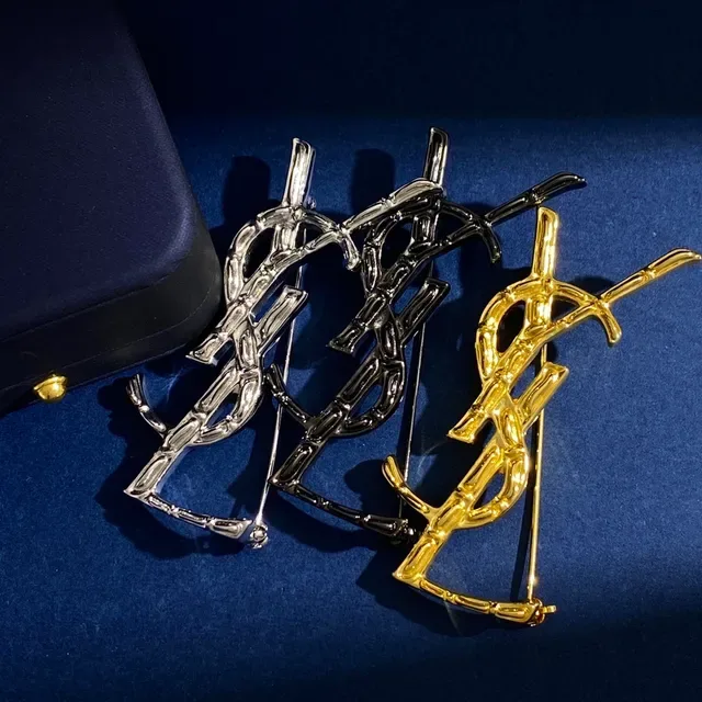 Broche Saint Laurent Bamboo YSL Monogram Argent Marine Métal Sculpté 7