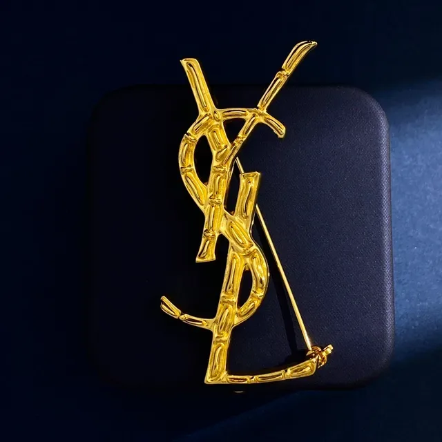 Broche Saint Laurent Bamboo YSL Monogram Argent Marine Métal Sculpté 9