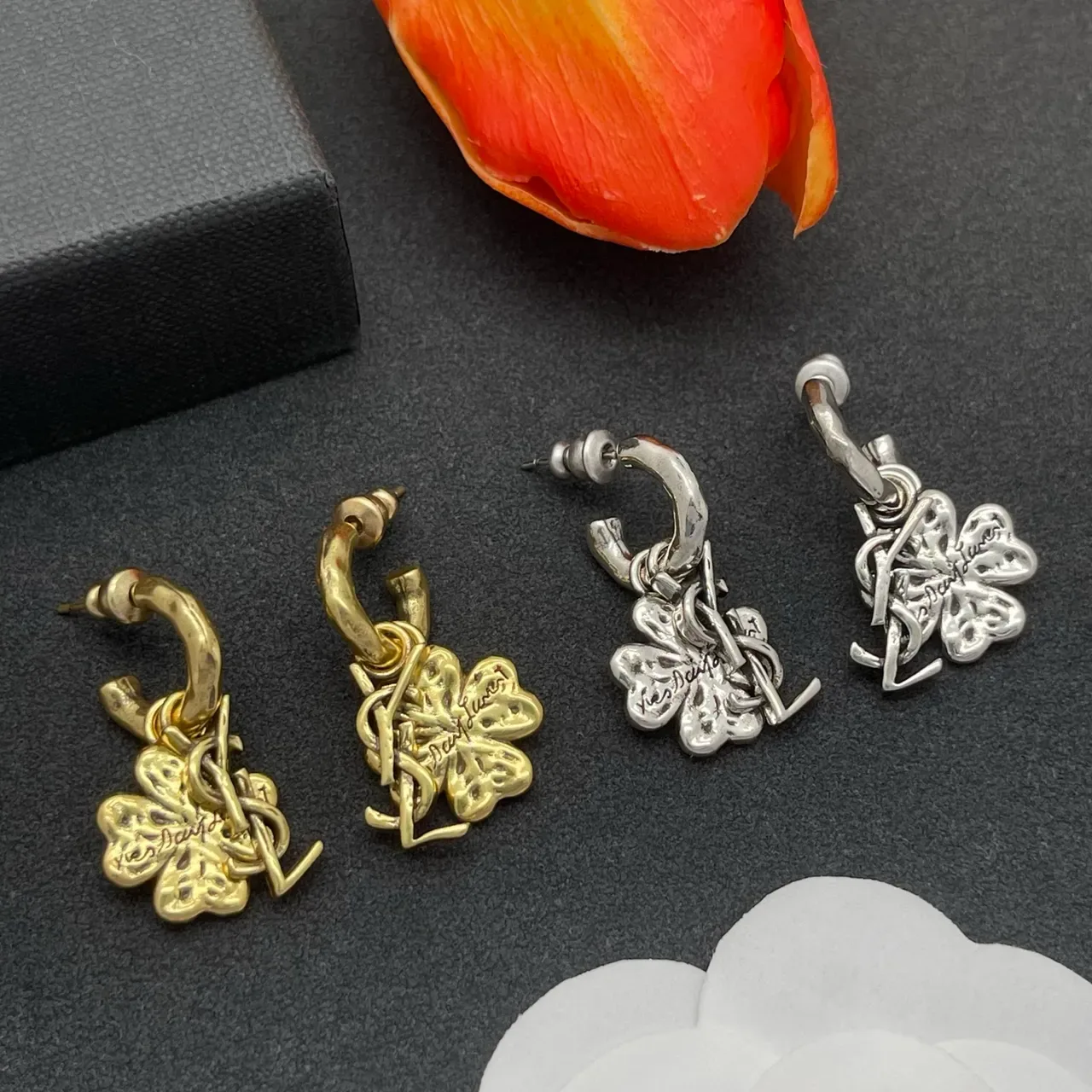 Saint Laurent Monogram Clover Gold-Tone Earrings 2