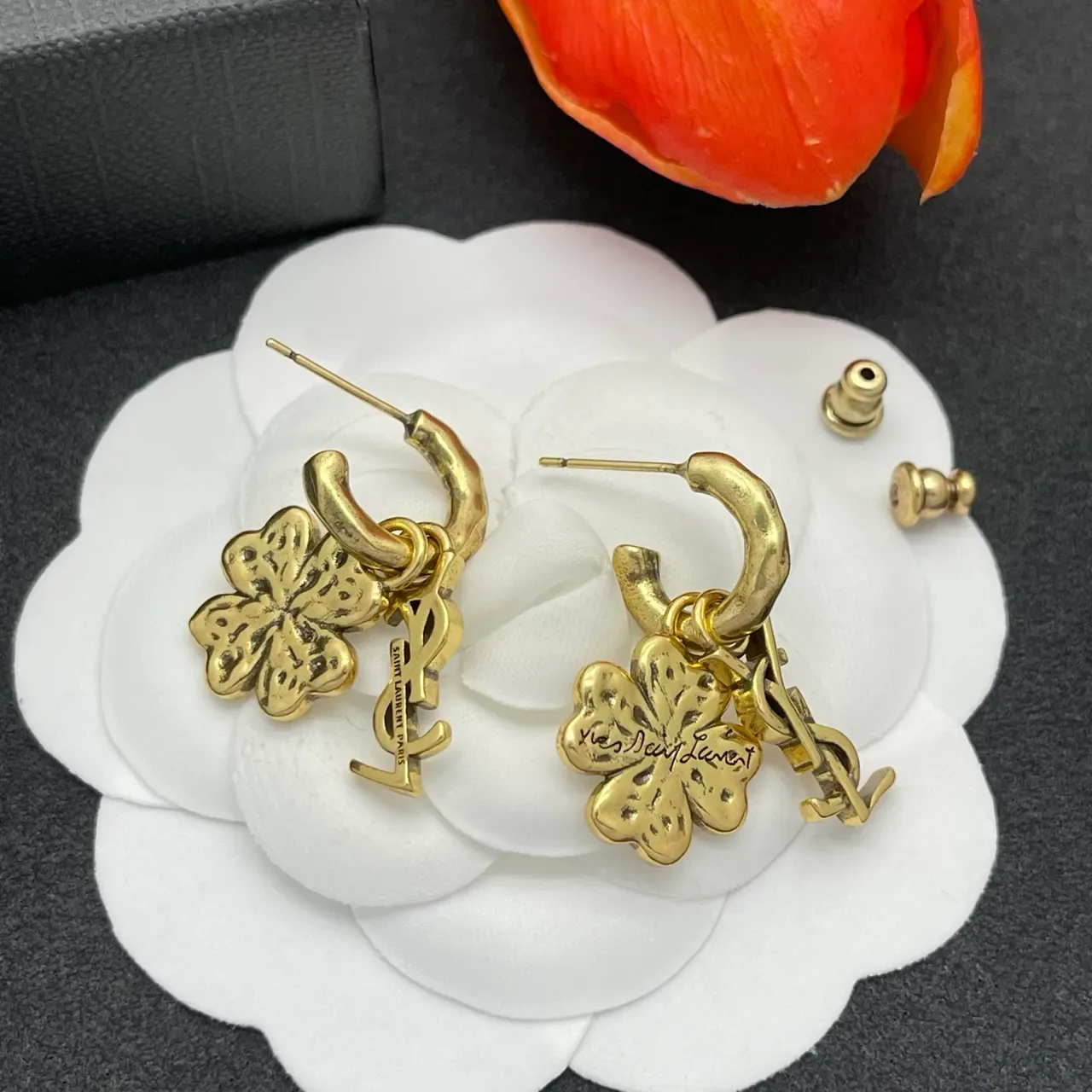 Saint Laurent Monogram Clover Gold-Tone Earrings 4
