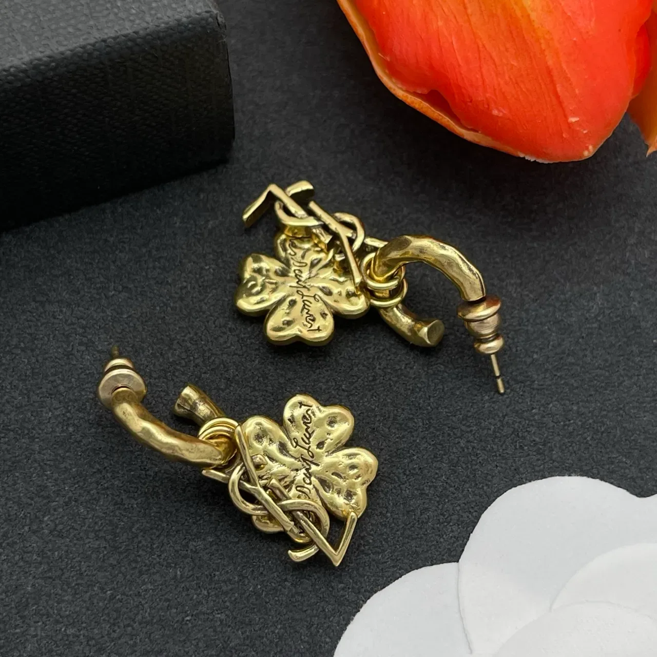 Saint Laurent Monogram Clover Gold-Tone Earrings 6