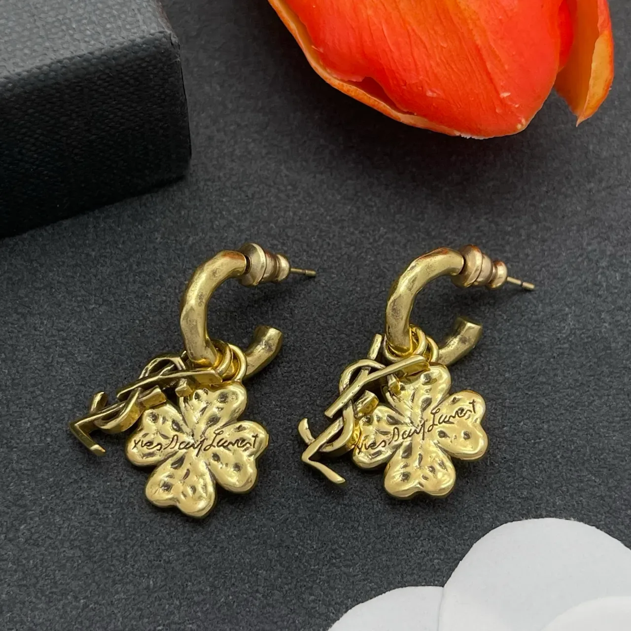 Saint Laurent Monogram Clover Gold-Tone Earrings 7