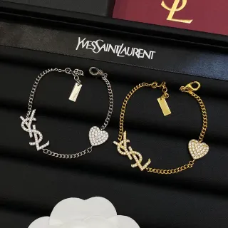 Saint Laurent 字母图案心形 银金 Pavé-Set 水晶 Interlocking YSL 手链