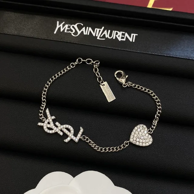 Saint Laurent Monogramme Cœur Argent Or Pavé-Set Cristal Interlocking YSL Bracelet 3