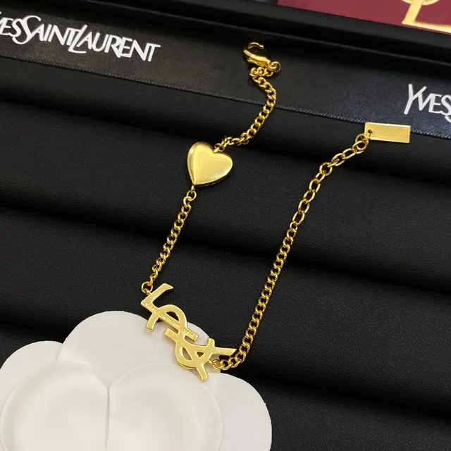 Saint Laurent Monogramme Cœur Argent Or Pavé-Set Cristal Interlocking YSL Bracelet 4
