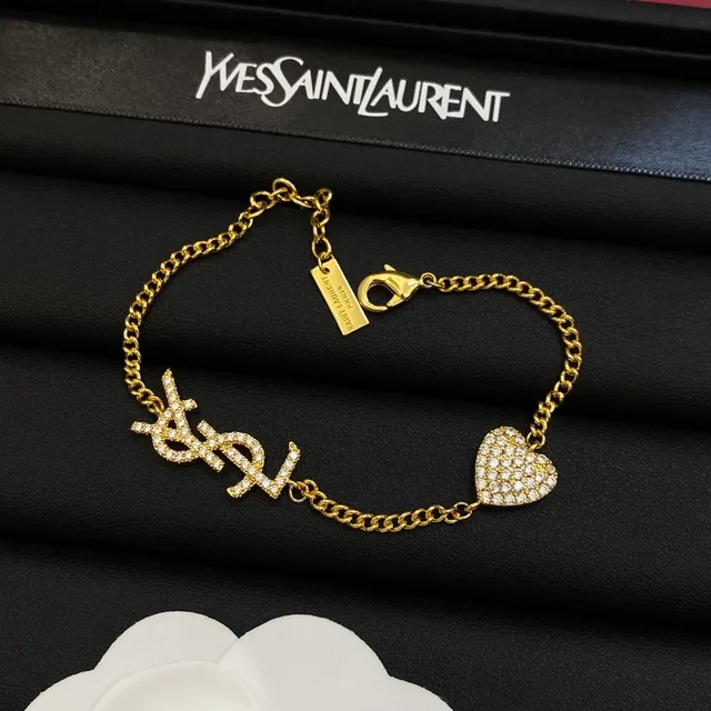 Saint Laurent Monogramme Cœur Argent Or Pavé-Set Cristal Interlocking YSL Bracelet 5