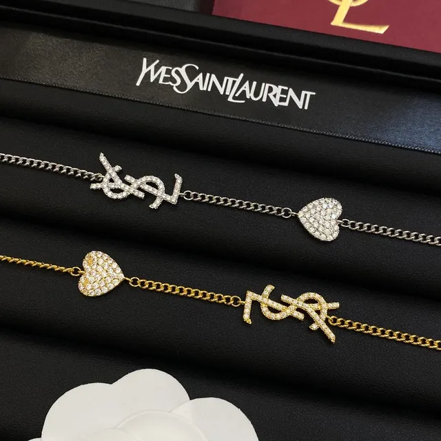 Saint Laurent Monogramme Cœur Argent Or Pavé-Set Cristal Interlocking YSL Bracelet 6