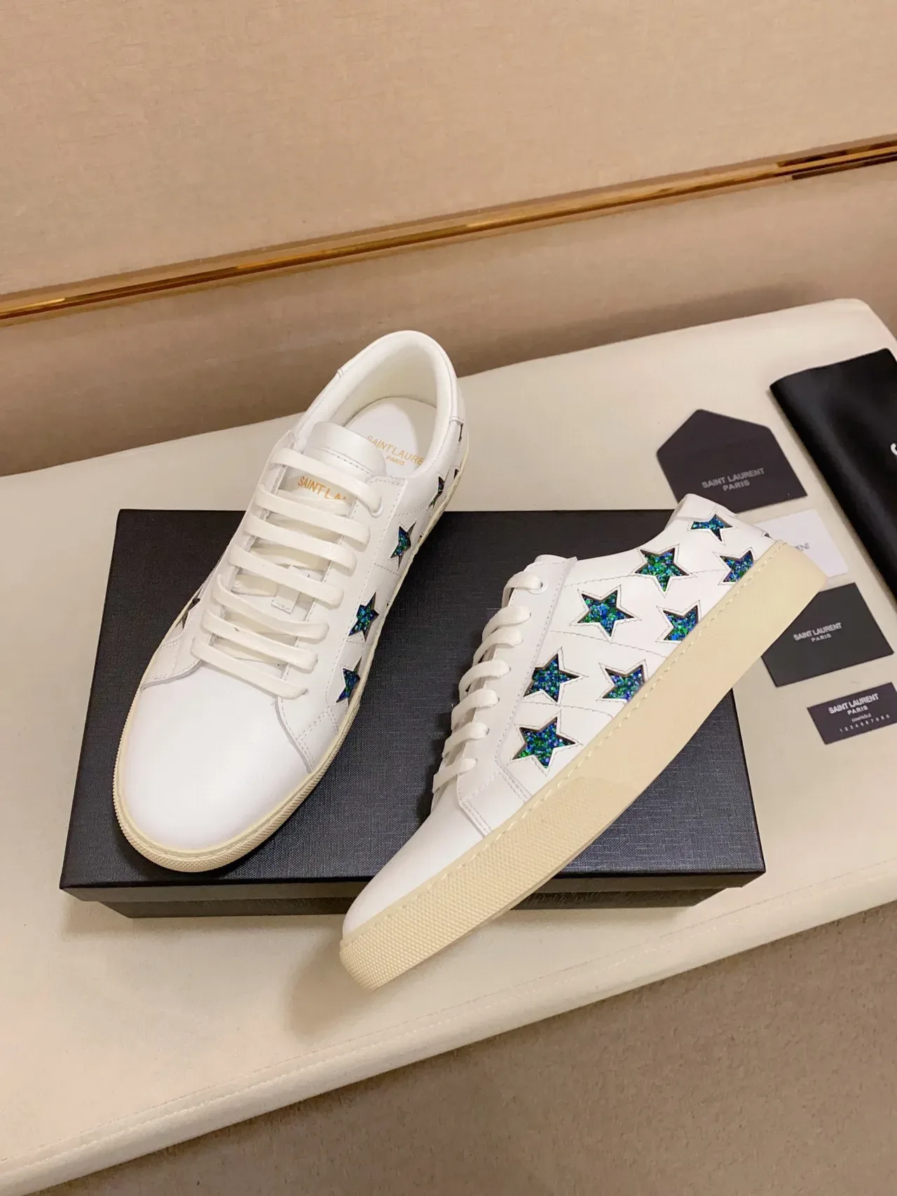 Saint Laurent Opyum White Blue Leather Glitter Star Appliqués Lifestyle Sneakers 3