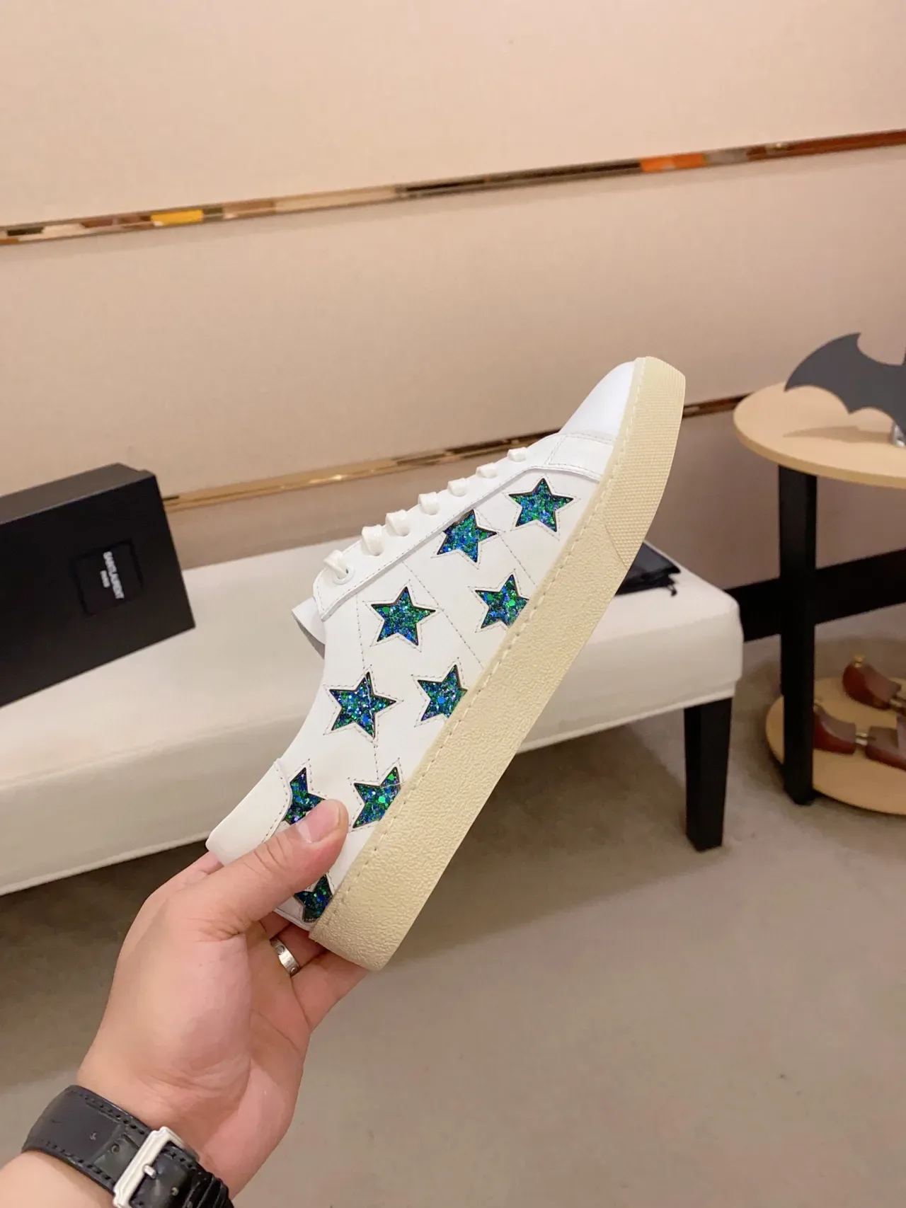 Saint Laurent Opyum White Blue Leather Glitter Star Appliqués Lifestyle Sneakers 5
