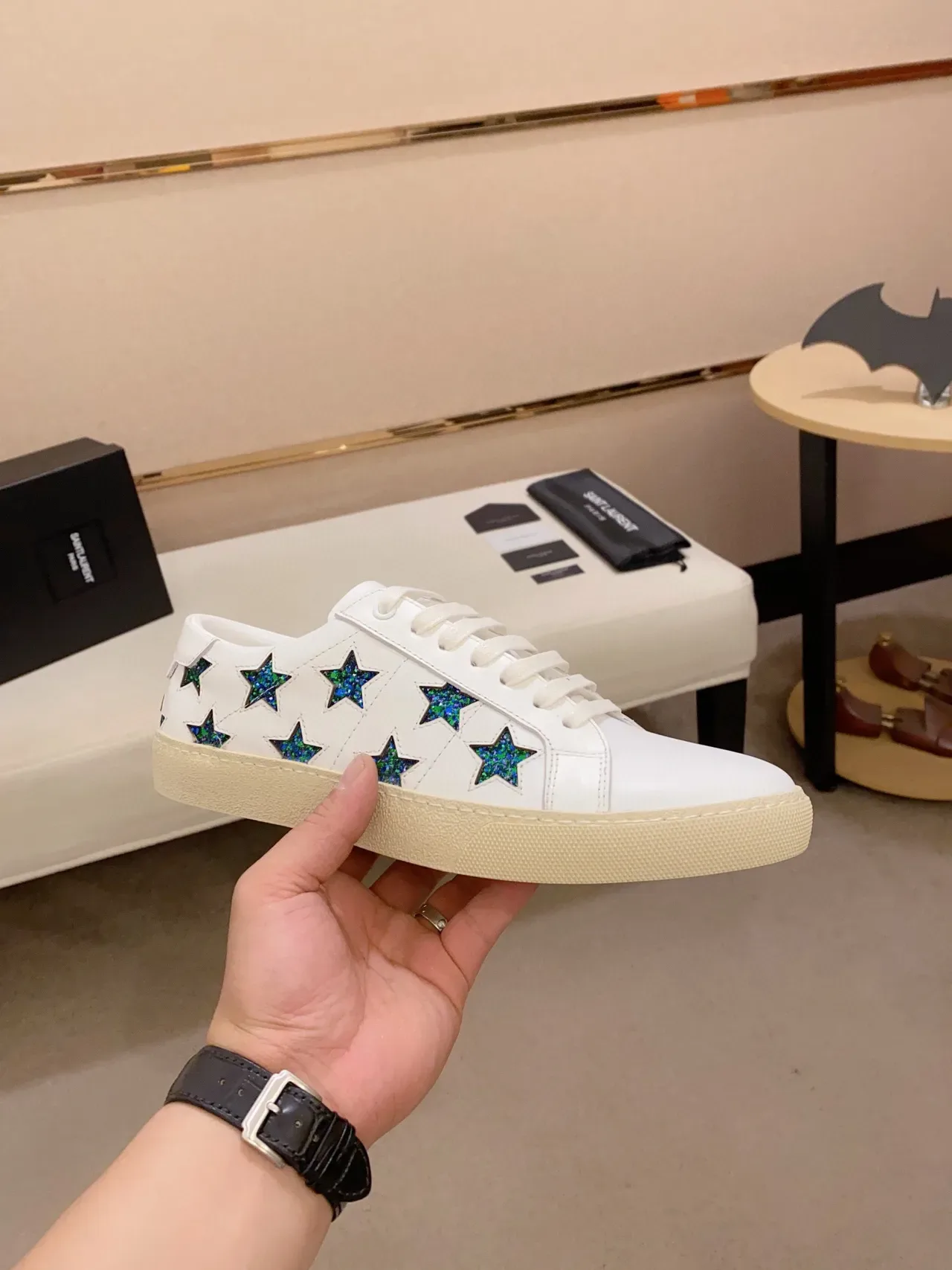 Saint Laurent Opyum White Blue Leather Glitter Star Appliqués Lifestyle Sneakers 6