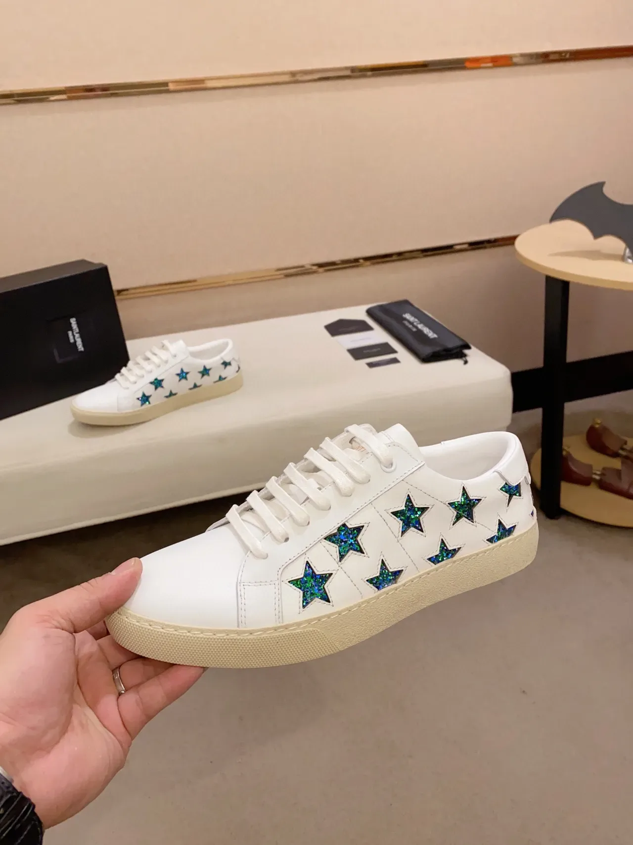 Saint Laurent Opyum White Blue Leather Glitter Star Appliqués Lifestyle Sneakers 7