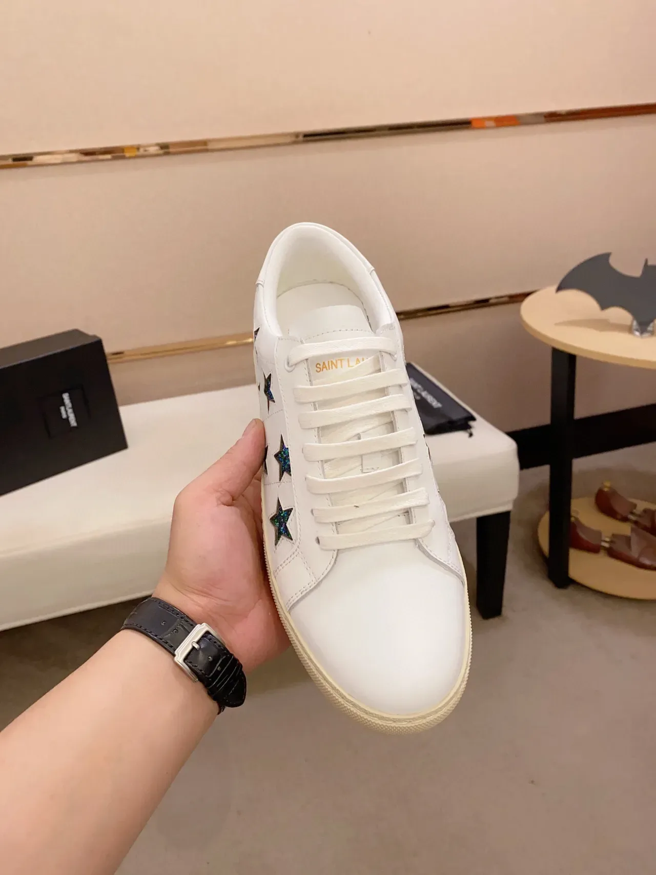 Saint Laurent Opyum White Blue Leather Glitter Star Appliqués Lifestyle Sneakers 8