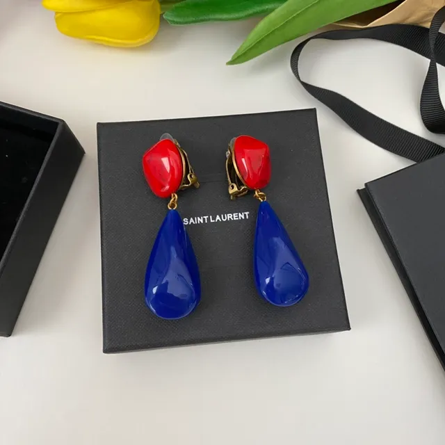 Saint Laurent Red Blue Resin Drop Two-Tone Earrings 6