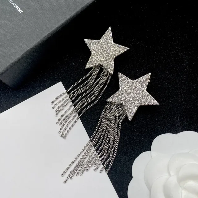 Saint Laurent Boucles d'Oreilles Chaîne et Frange Cristaux Étoile 2
