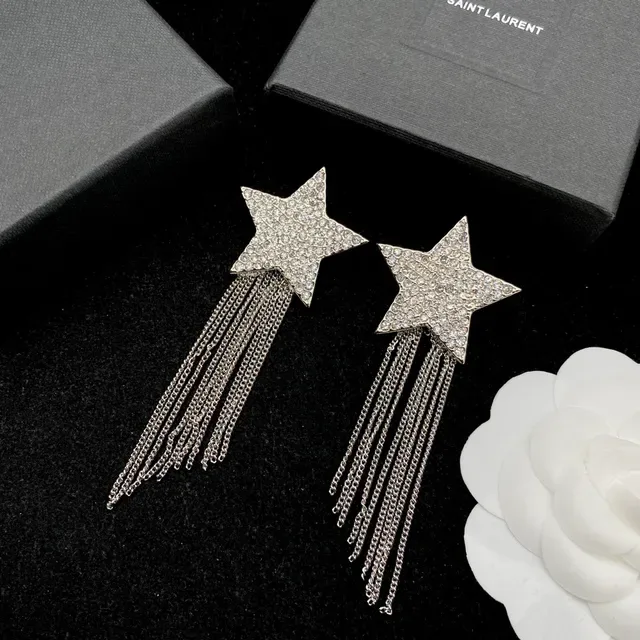 Saint Laurent Boucles d'Oreilles Chaîne et Frange Cristaux Étoile 3