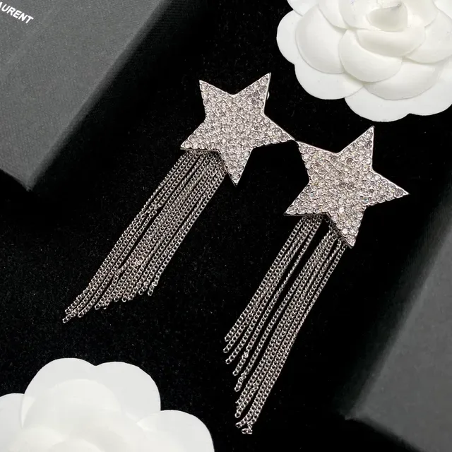 Saint Laurent Boucles d'Oreilles Chaîne et Frange Cristaux Étoile 4