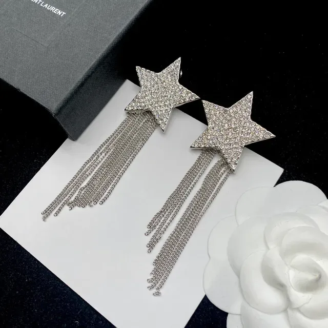 Saint Laurent Boucles d'Oreilles Chaîne et Frange Cristaux Étoile 5