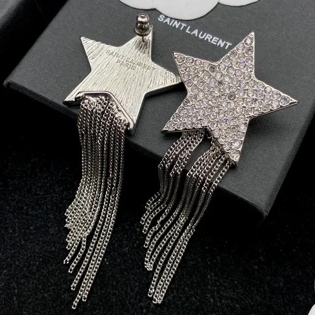 Saint Laurent Boucles d'Oreilles Chaîne et Frange Cristaux Étoile 6