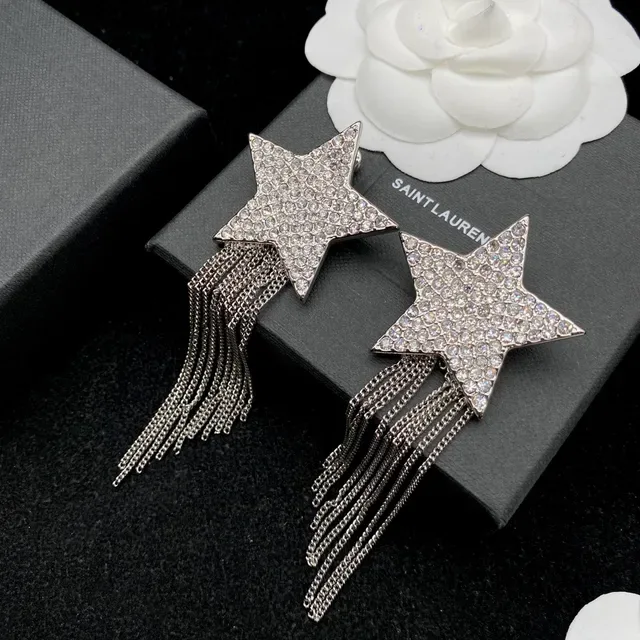 Saint Laurent Boucles d'Oreilles Chaîne et Frange Cristaux Étoile 7