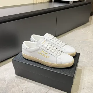 Saint Laurent White Beige Leather Gold Embroidered Logo Lifestyle Sneakers