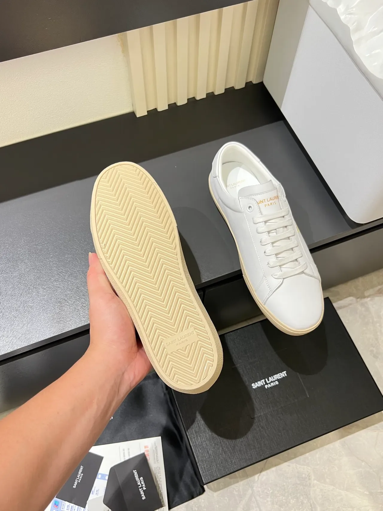 Saint Laurent White Beige Leather Gold Embroidered Logo Lifestyle Sneakers 3