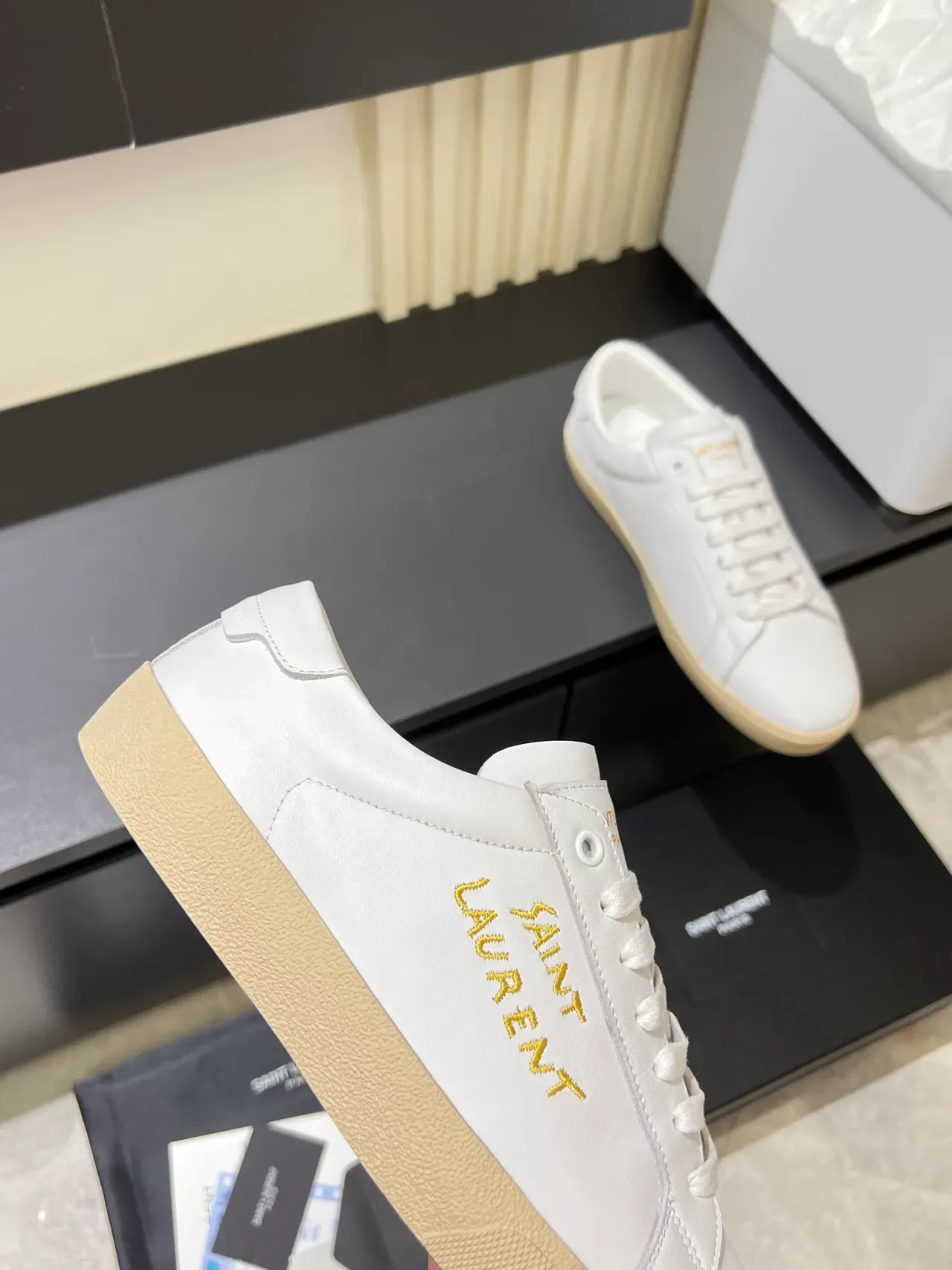 Saint Laurent White Beige Leather Gold Embroidered Logo Lifestyle Sneakers 4