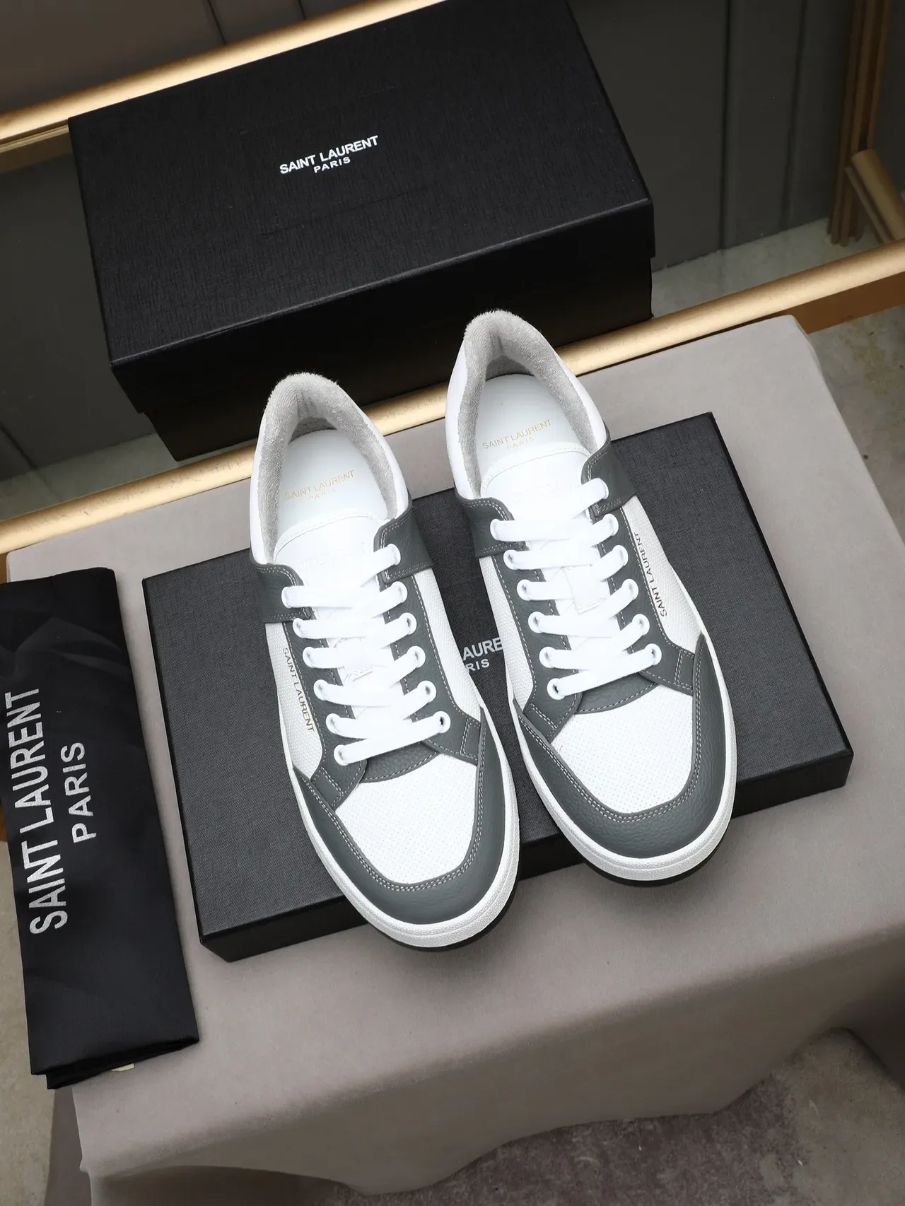 Saint Laurent White Gray Low-Top Perforated Mesh Lifestyle Sneakers 2