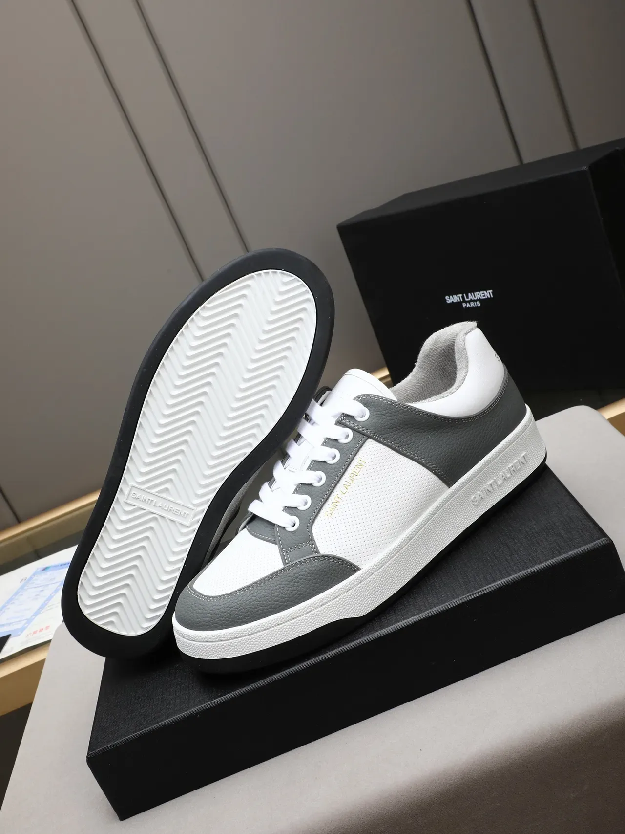 Saint Laurent White Gray Low-Top Perforated Mesh Lifestyle Sneakers 4