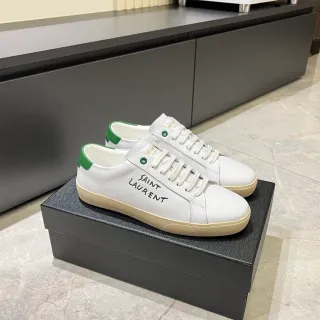 Saint Laurent White Green Leather Upper Handwritten Logo Embroidery Lifestyle Sneakers