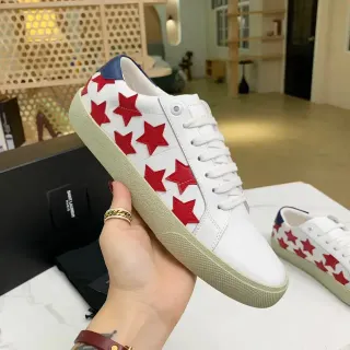 Saint Laurent White Red Leather Upper Star Appliqués Lifestyle Sneakers