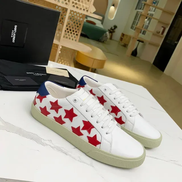 Saint Laurent أبيض أحمر علوى جلدية تطبيقات نجمية سنيكرز لايف ستايل 2