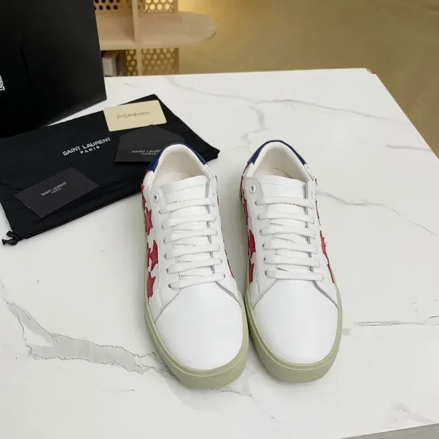 Saint Laurent أبيض أحمر علوى جلدية تطبيقات نجمية سنيكرز لايف ستايل 4