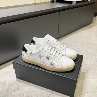 Saint Laurent White Silver Leather Star Appliqués Lifestyle Sneakers