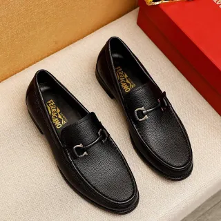 Salvatore Ferragamo Gancini Black Pebbled Leather Horsebit Loafers