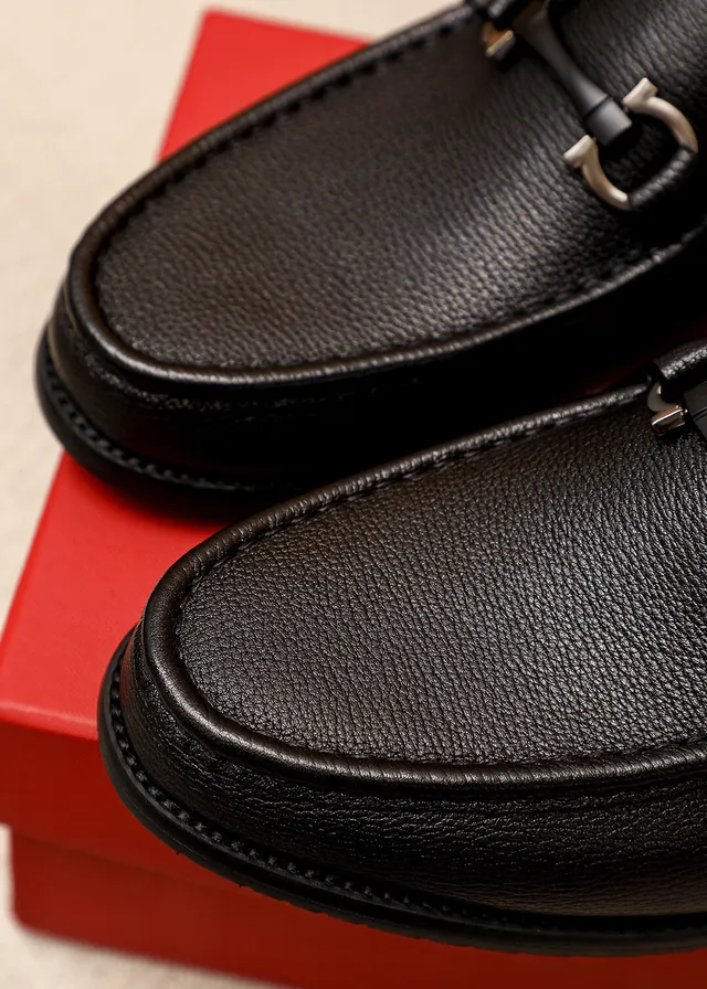 Salvatore Ferragamo Gancini Black Pebbled Leather Horsebit Loafers 8
