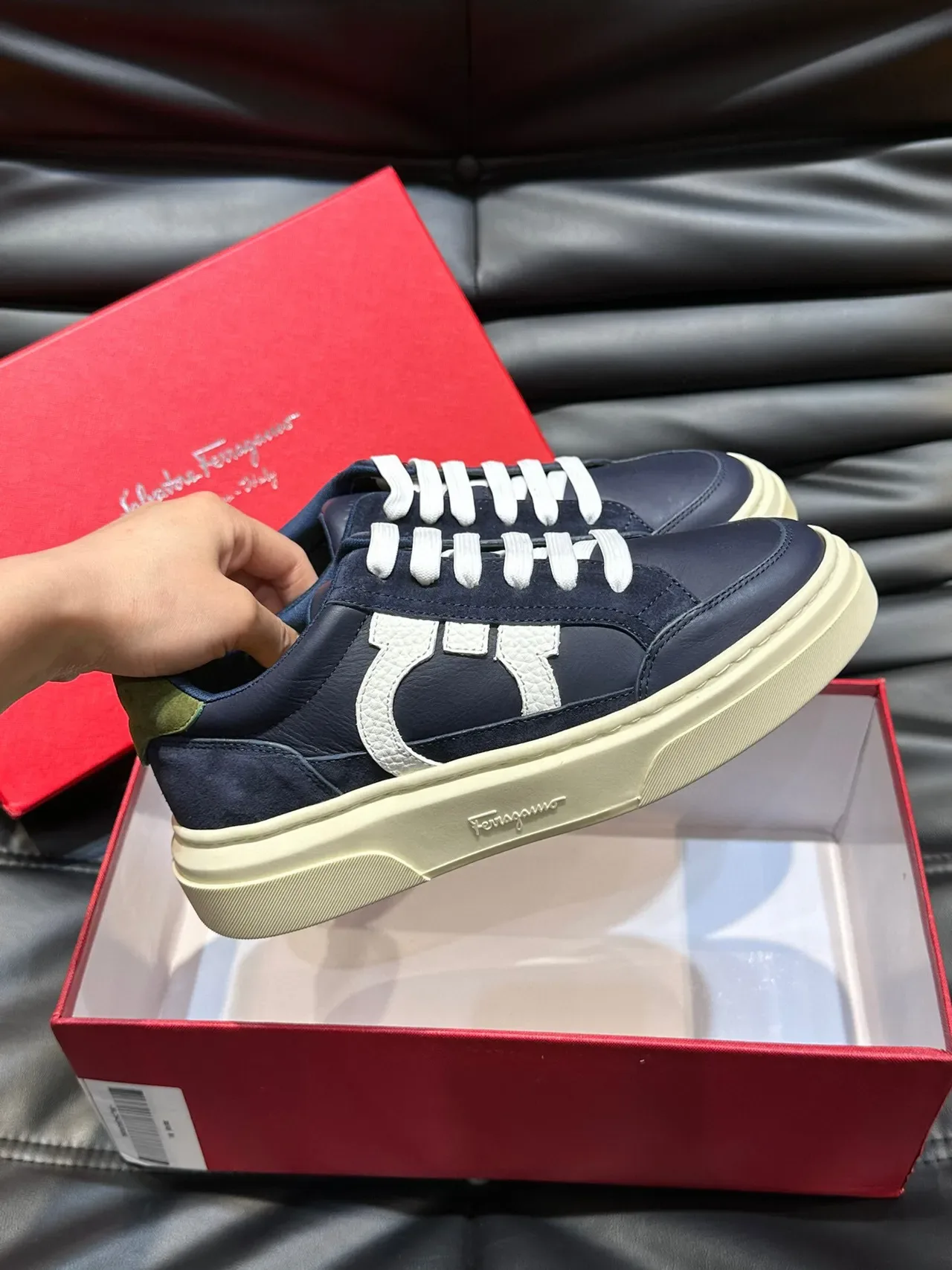 Salvatore Ferragamo Gancini Navy and White Lifestyle Sneakers 5