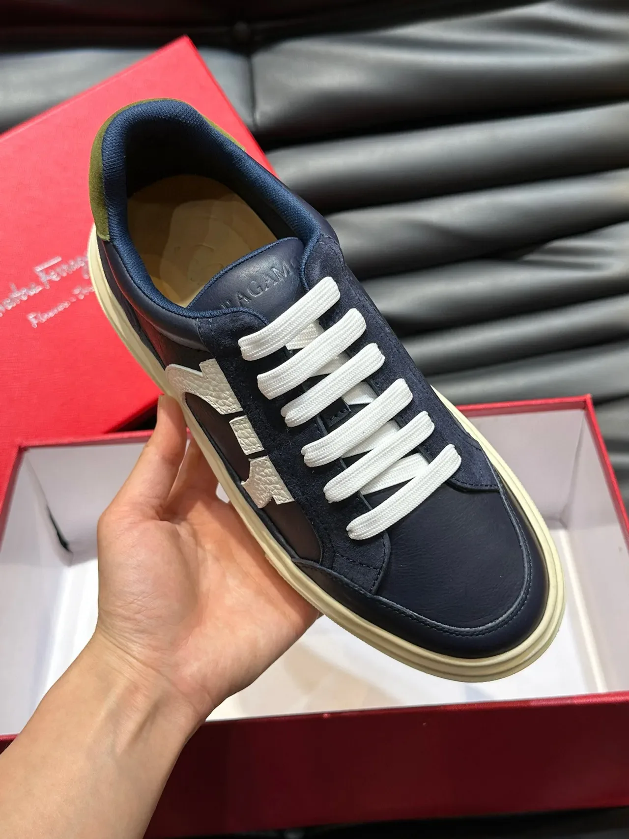 Salvatore Ferragamo Gancini Navy and White Lifestyle Sneakers 6